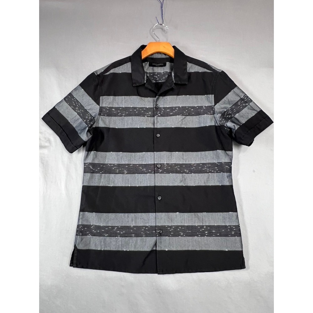 AllSaints Mens Medium Black Grey Striped Short Sleeve Button Up Shirt